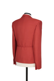 Random Identities micro blazer in Rust. self‑fabric coulisse tie, gabardine texture, slim fit