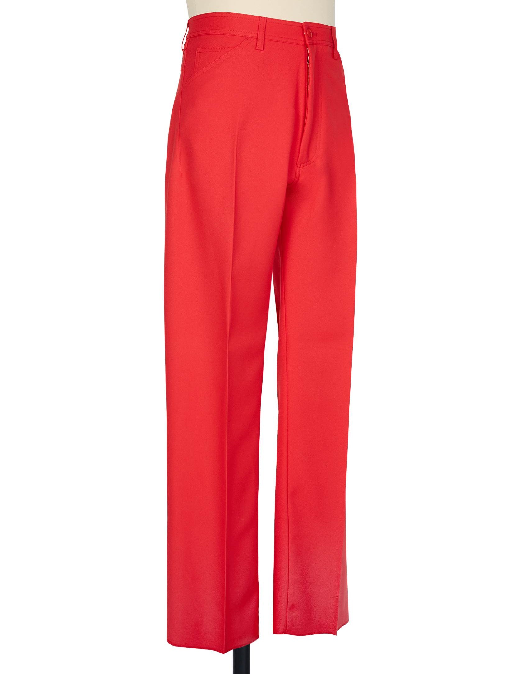 Red high rise five pocket trousers with single jet back pockets and yoke insert in polyester gaberdine