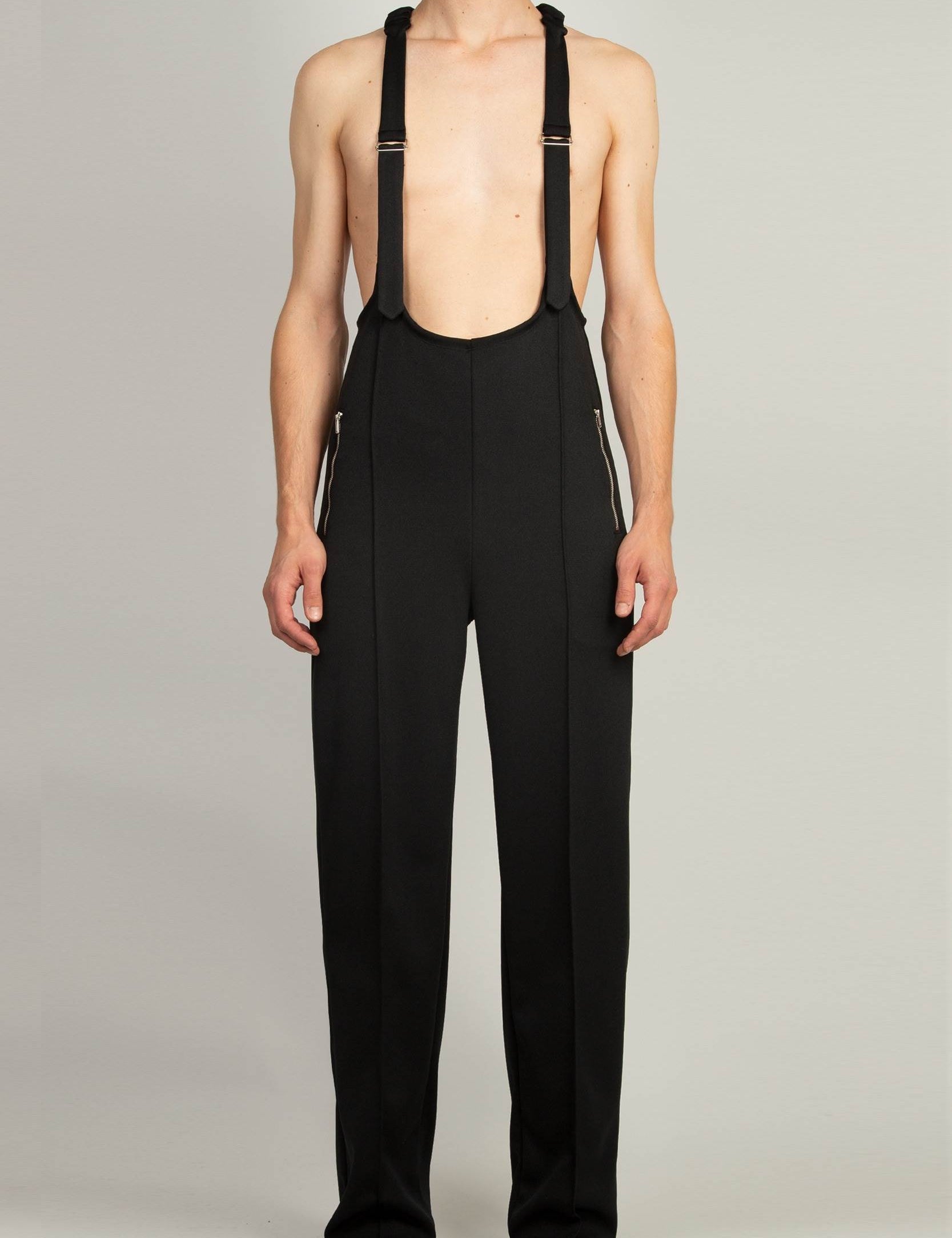 Random Identities Jersey Salopette in Black with pin tuck detail and zip pockets