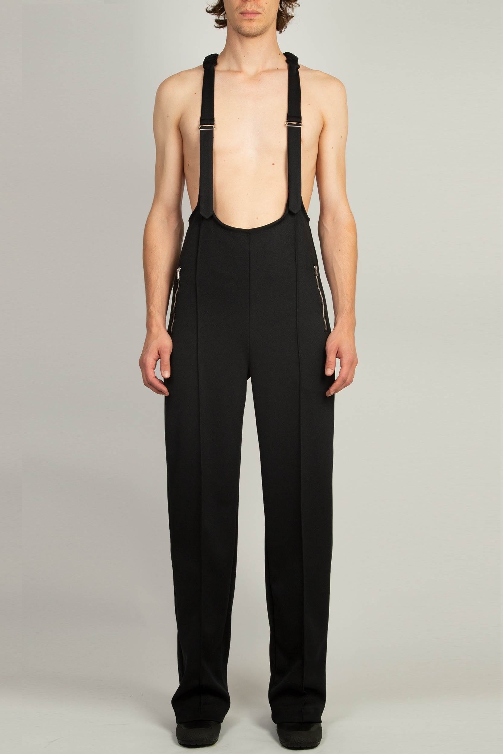 Random Identities Jersey Salopette in Black with pin tuck detail and zip pockets