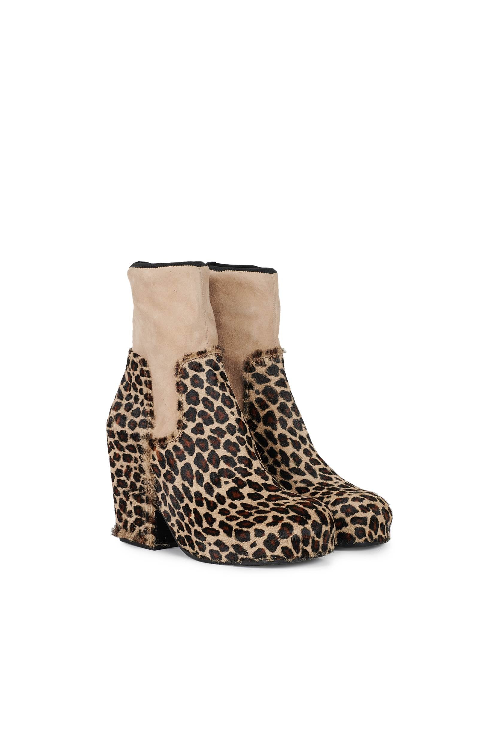 Random Identities suede Platform Boots. elasticated cuff detail, rubber sole, Beige Leopard