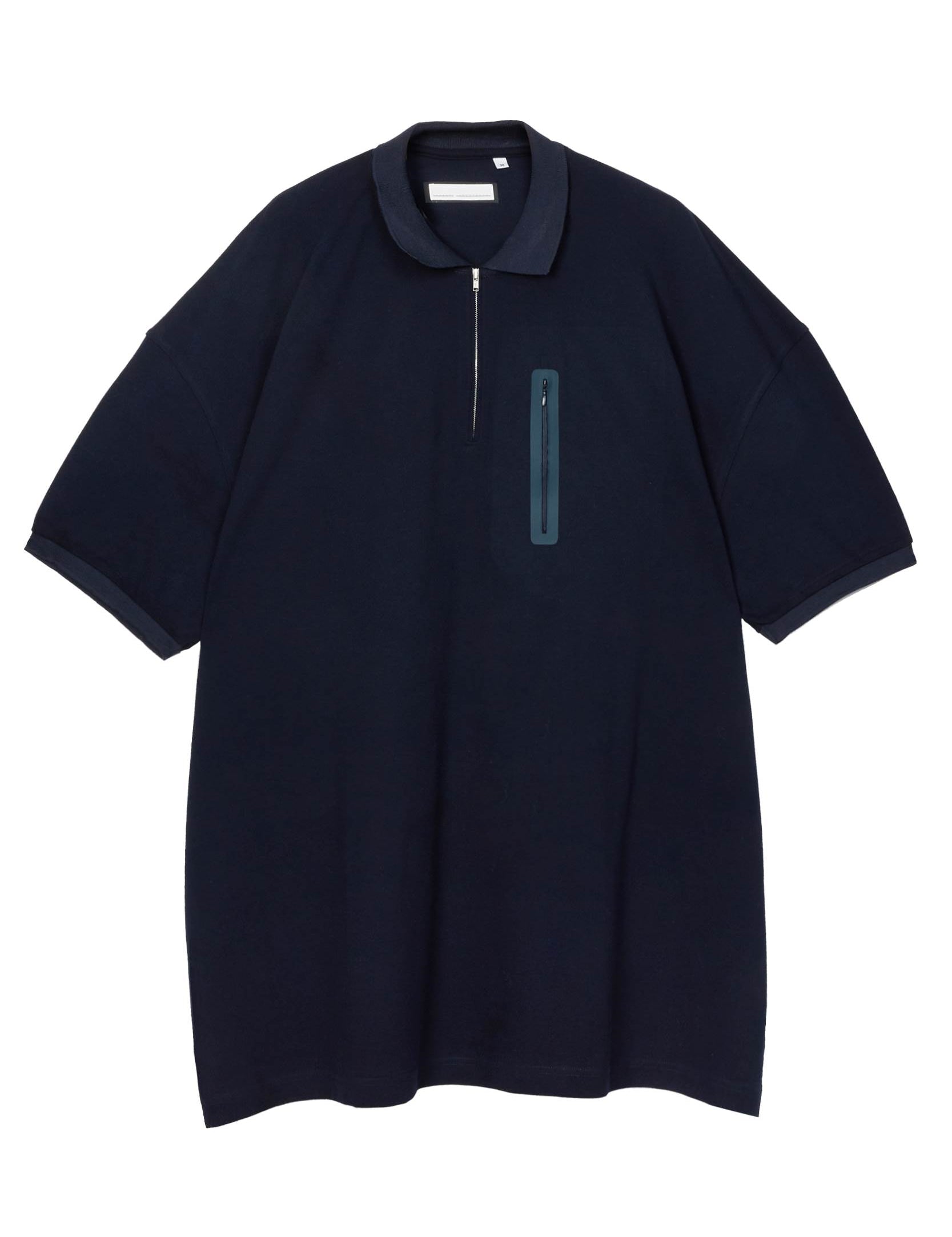 Random Identities Maxi Polo in Navy. maxi-fit piqué polo with covered zip opening, flat-knit collar and zip chest pocket