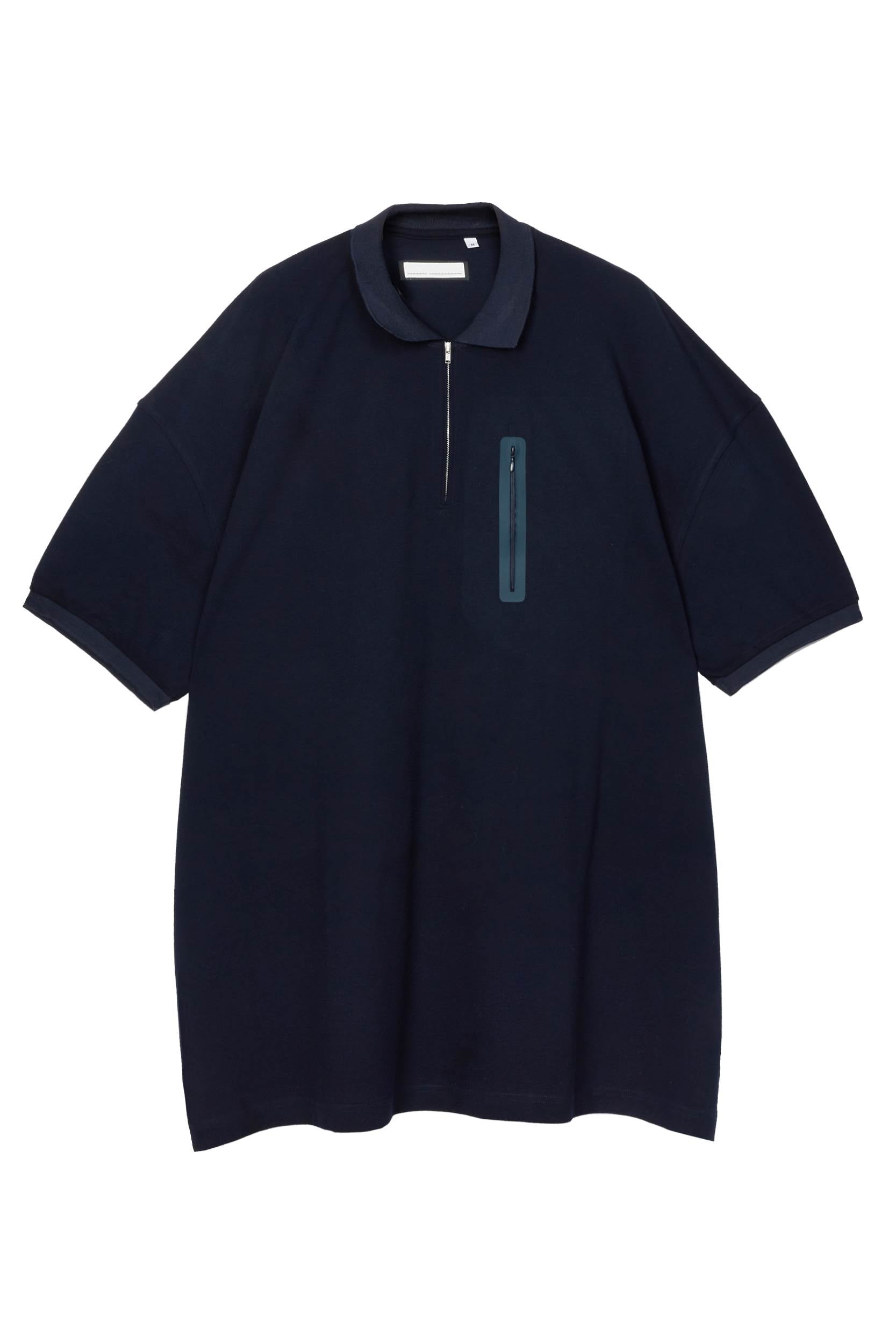 Random Identities Maxi Polo in Navy. maxi-fit piqué polo with covered zip opening, flat-knit collar and zip chest pocket