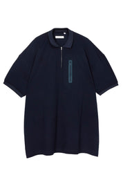 Random Identities Maxi Polo in Navy. maxi-fit piqué polo with covered zip opening, flat-knit collar and zip chest pocket