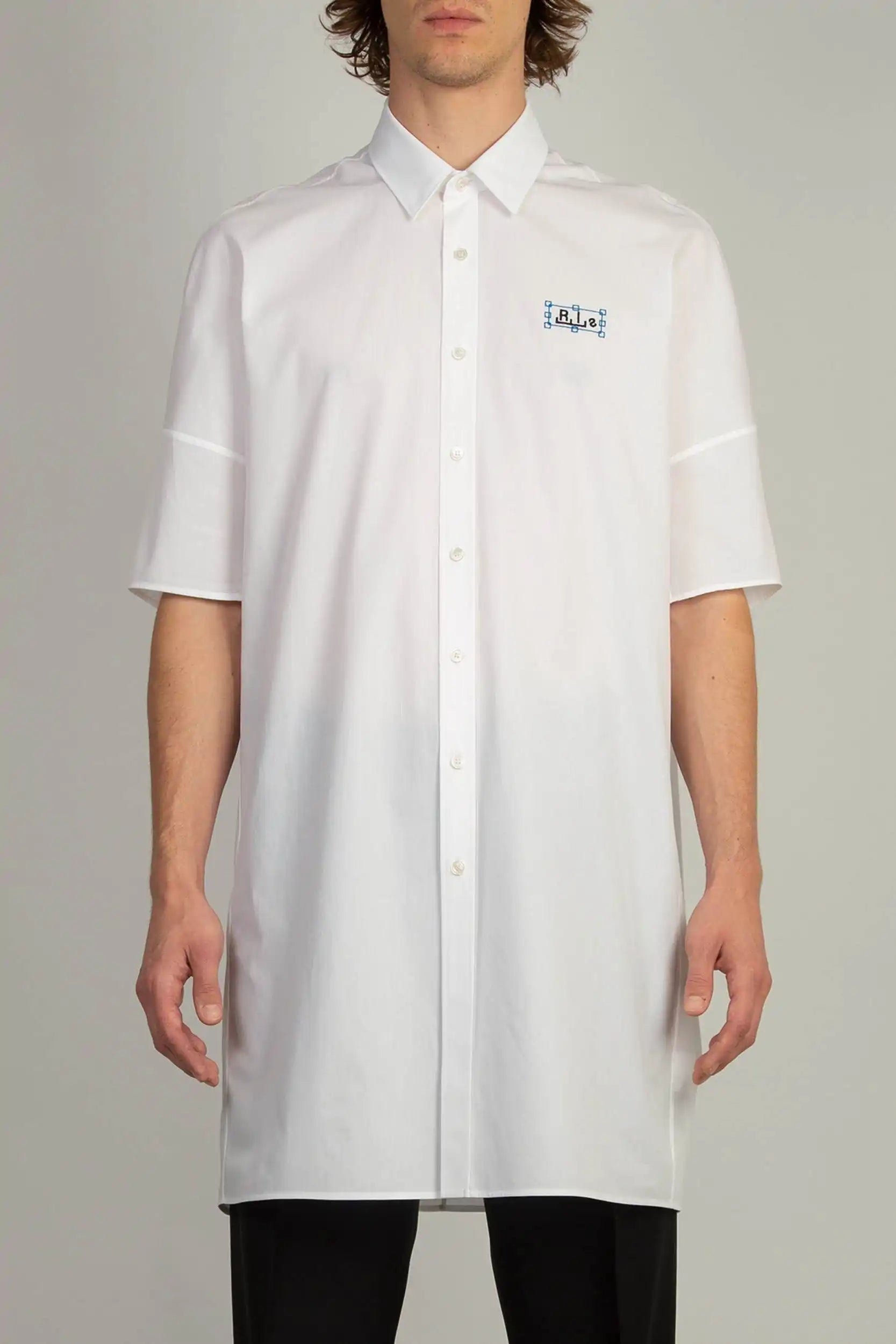 Random Identities Short Sleeve Shirt/Dress in White with emphasised back volume and chest logo embroidery