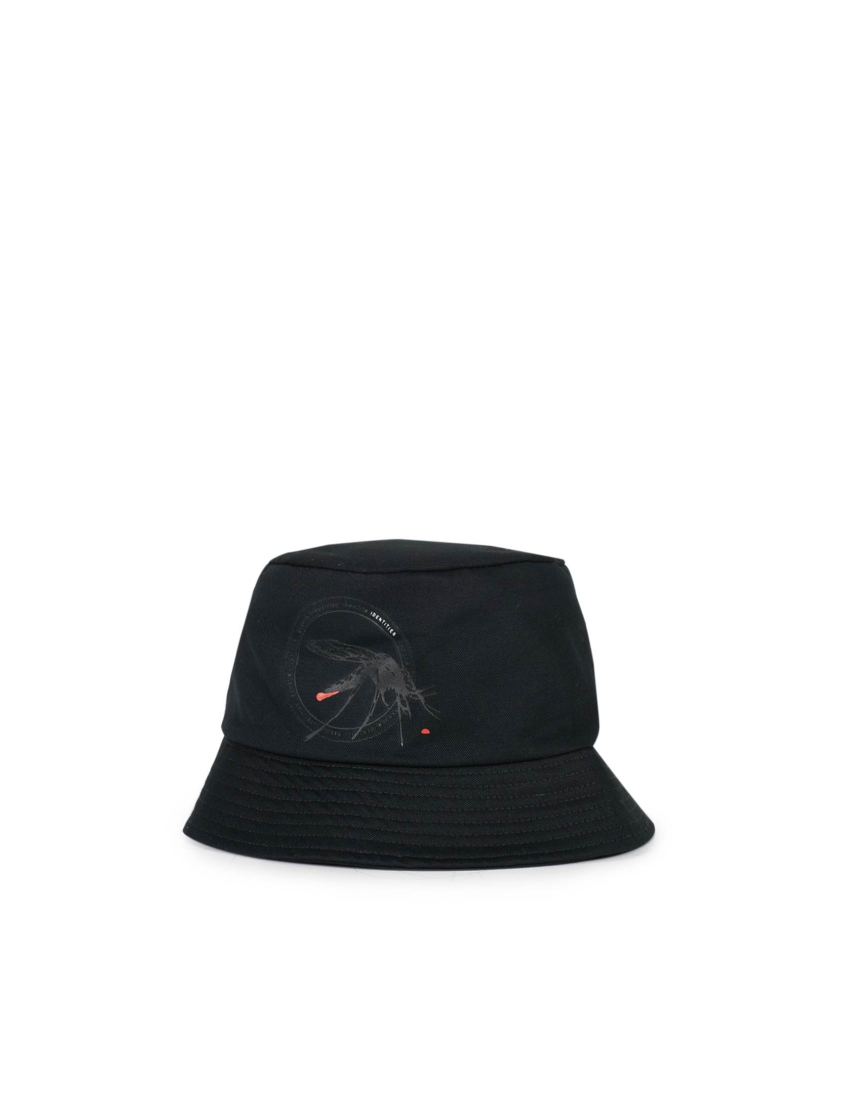 Random Identities Bucket Hat in Black with mosquito graphic print and narrow brim