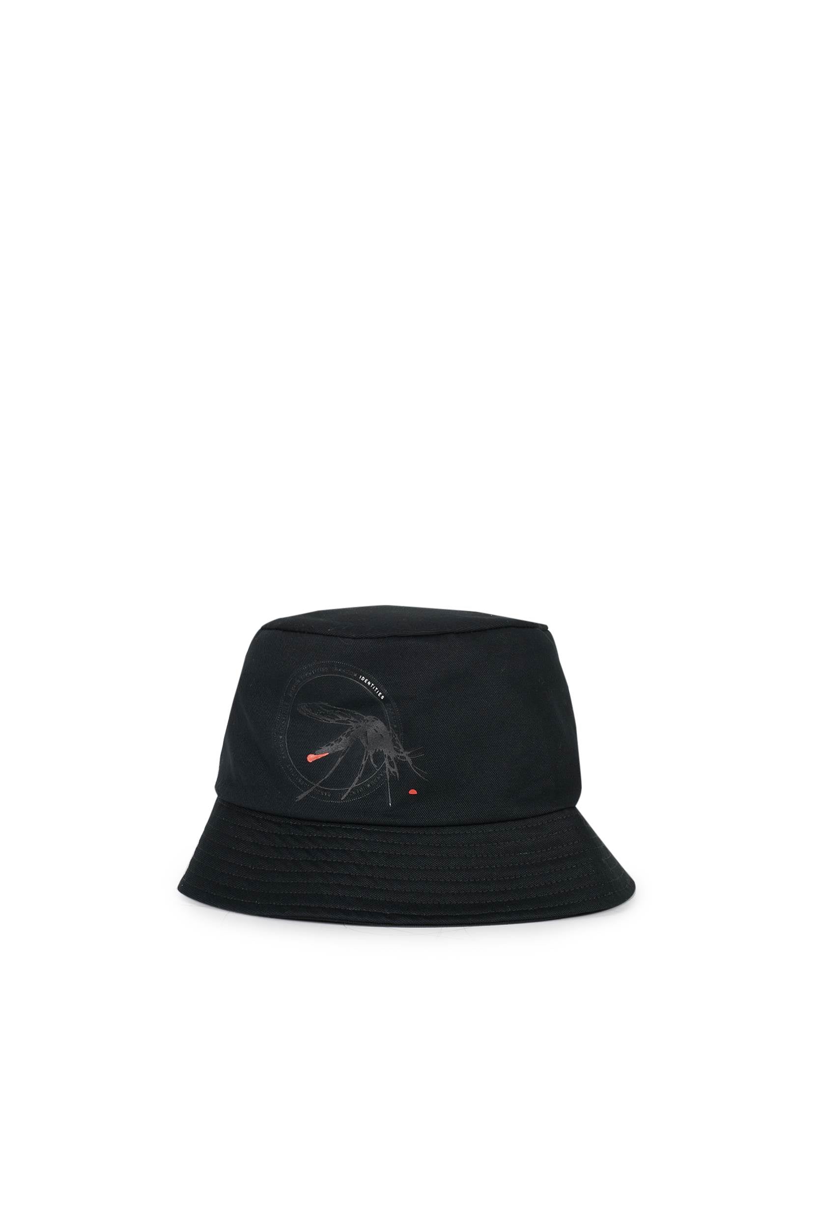 Random Identities Bucket Hat in Black with mosquito graphic print and narrow brim