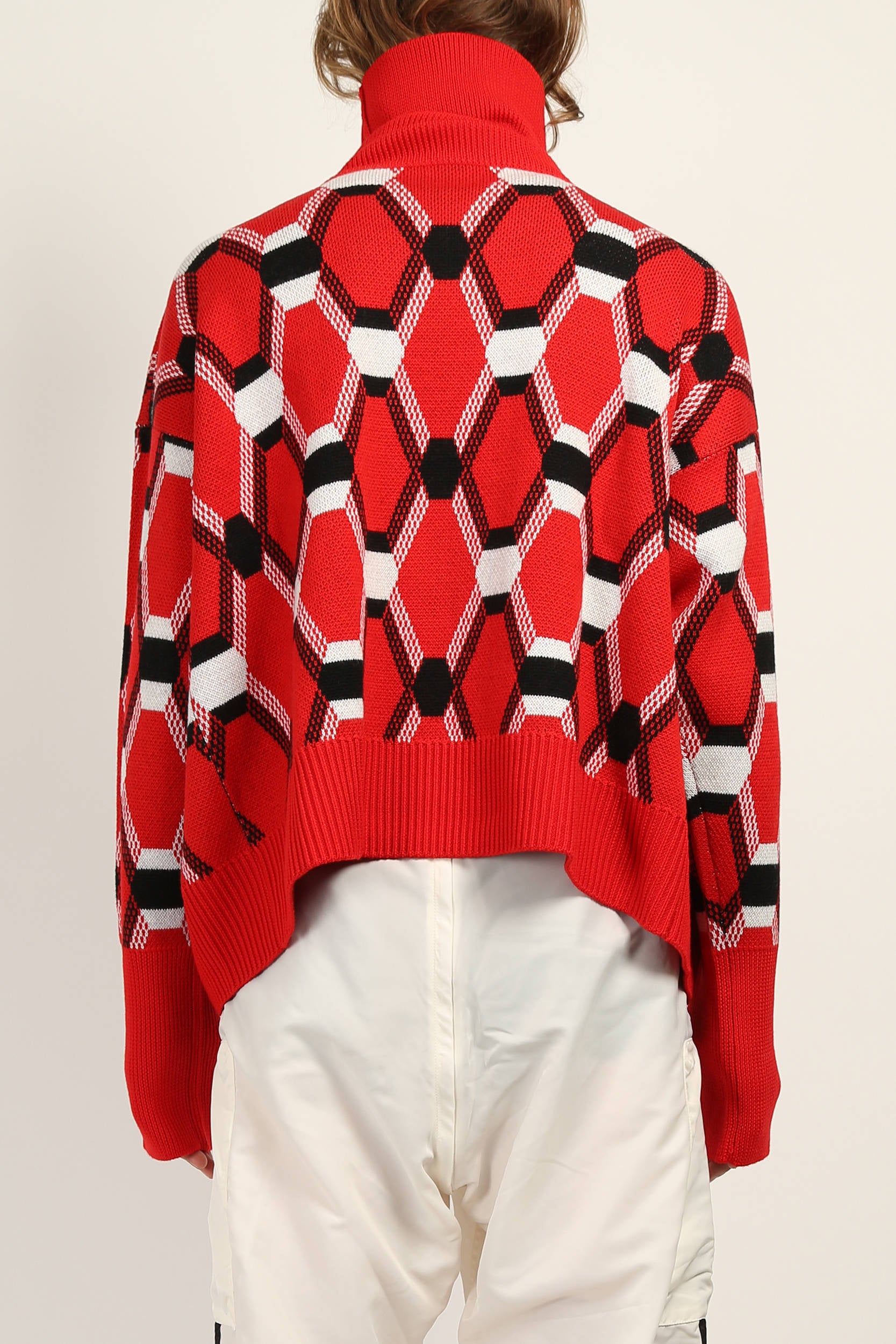 back view of Red oversize roll neck jacquard sweater by Random Identities showing mid-gauge knit and relaxed silhouette