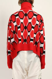 back view of Red oversize roll neck jacquard sweater by Random Identities showing mid-gauge knit and relaxed silhouette