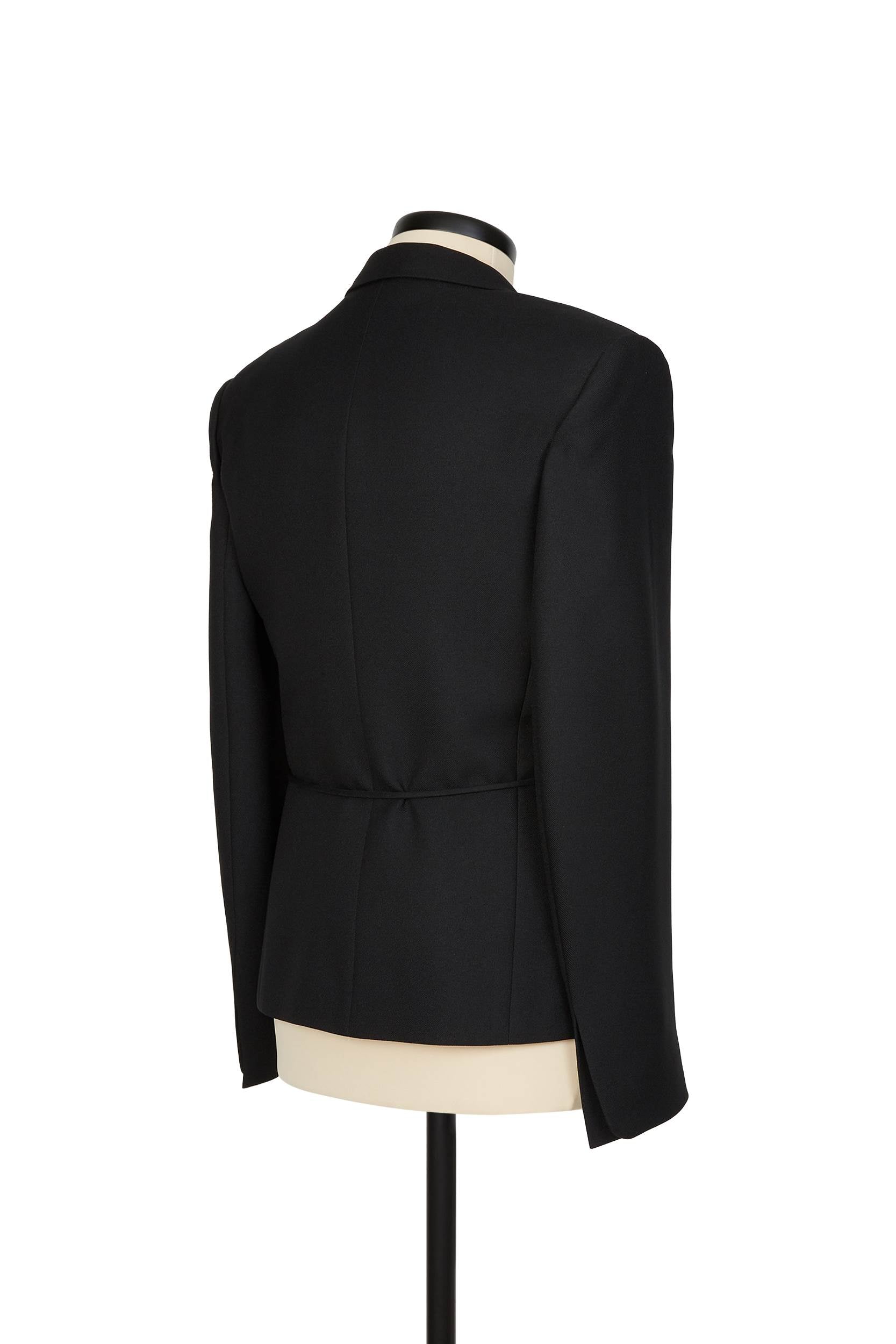 Random Identities micro blazer in Black. self‑fabric coulisse tie, gabardine texture, slim fit