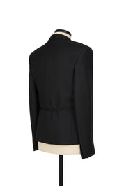 Random Identities micro blazer in Black. self‑fabric coulisse tie, gabardine texture, slim fit