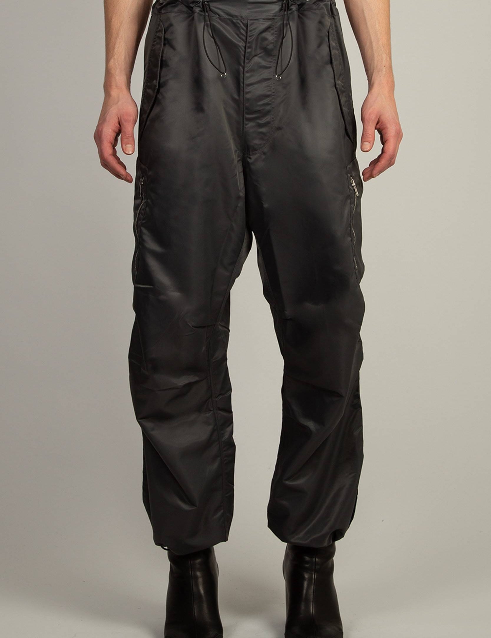 Random Identities Berlin Baggies in Grey, relaxed fit nylon pant with drawcord at hem and waist and officer stripe detail