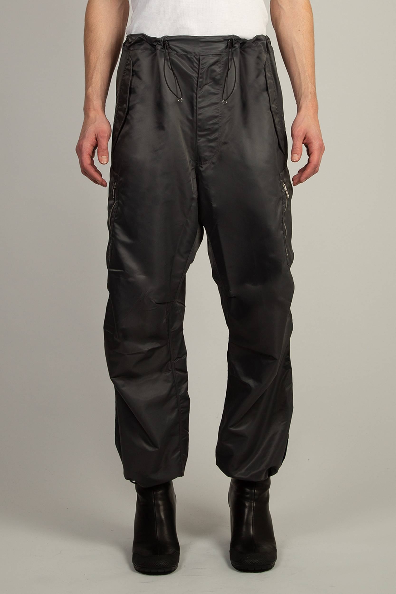 Random Identities Berlin Baggies in Grey, relaxed fit nylon pant with drawcord at hem and waist and officer stripe detail