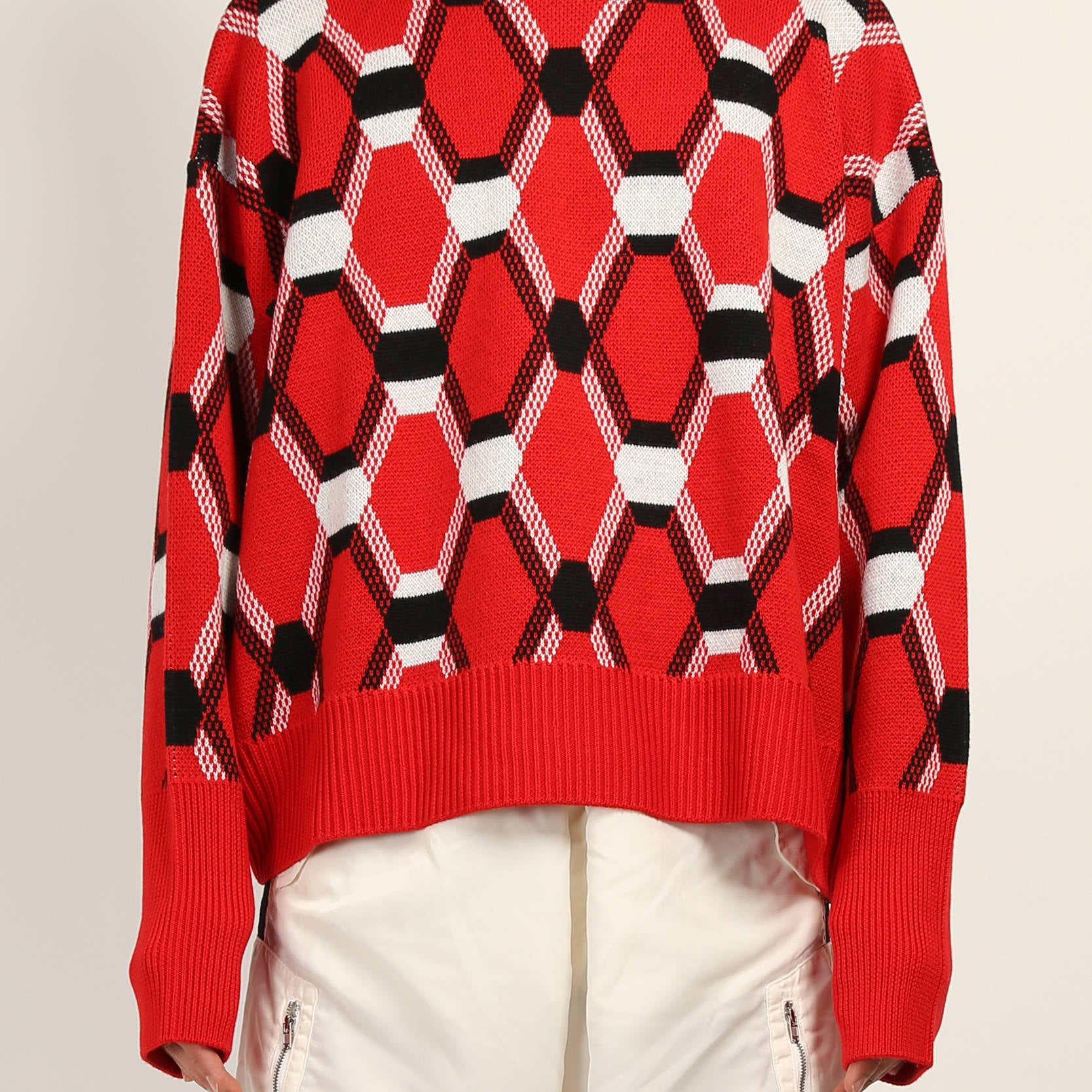 Random Identities Roll Neck Jacquard Sweater in Red, oversize mid-gauge roll neck with four-colour argyle jacquard, front view
