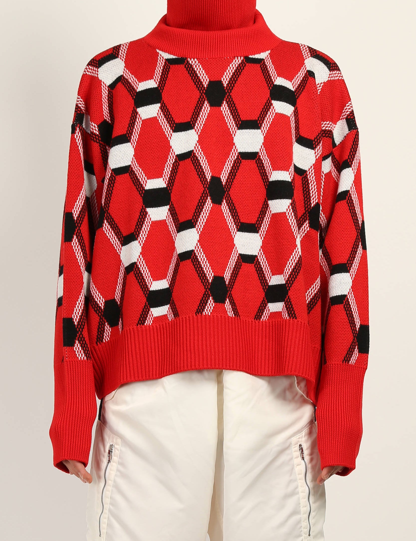 Random Identities Roll Neck Jacquard Sweater in Red, oversize mid-gauge roll neck with four-colour argyle jacquard, front view