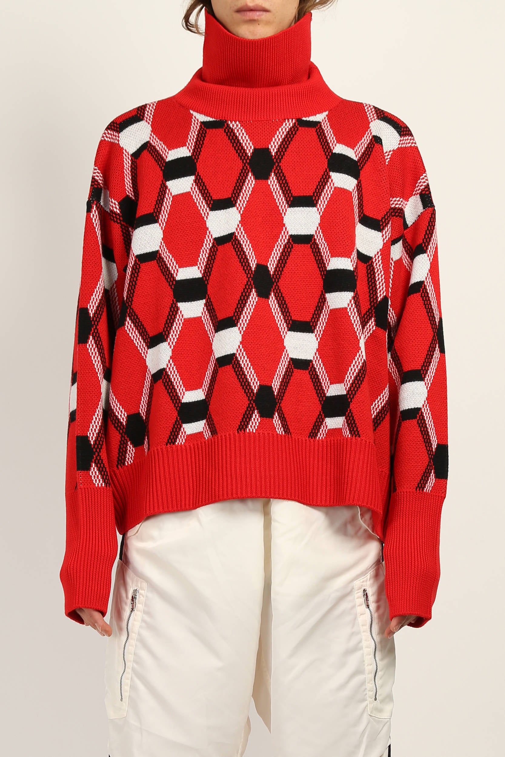 Random Identities Roll Neck Jacquard Sweater in Red, oversize mid-gauge roll neck with four-colour argyle jacquard, front view