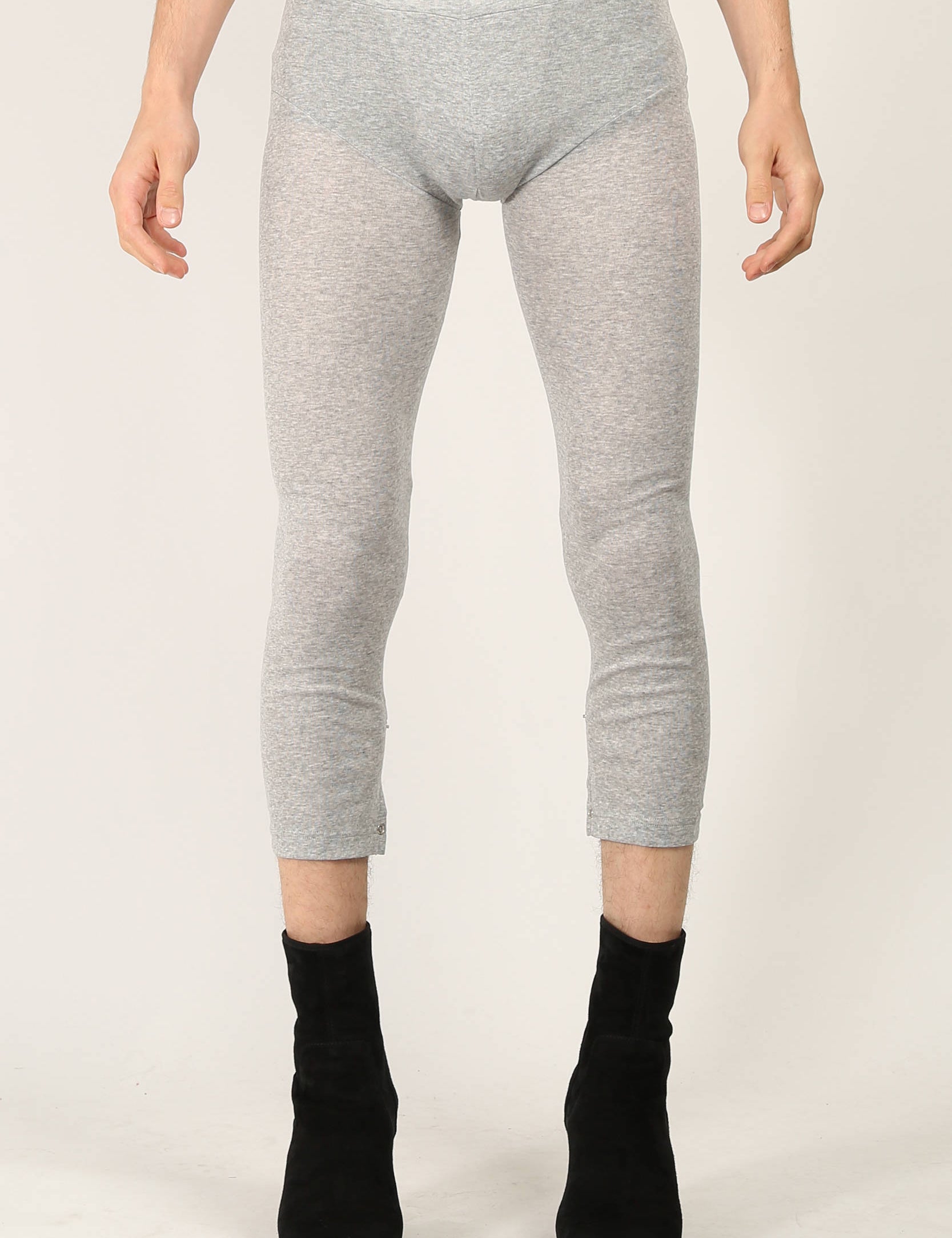 Random Identities Rib Leggings in Light Grey, super soft fine ribbed jersey leggings with cuff split and press button fastening, front view