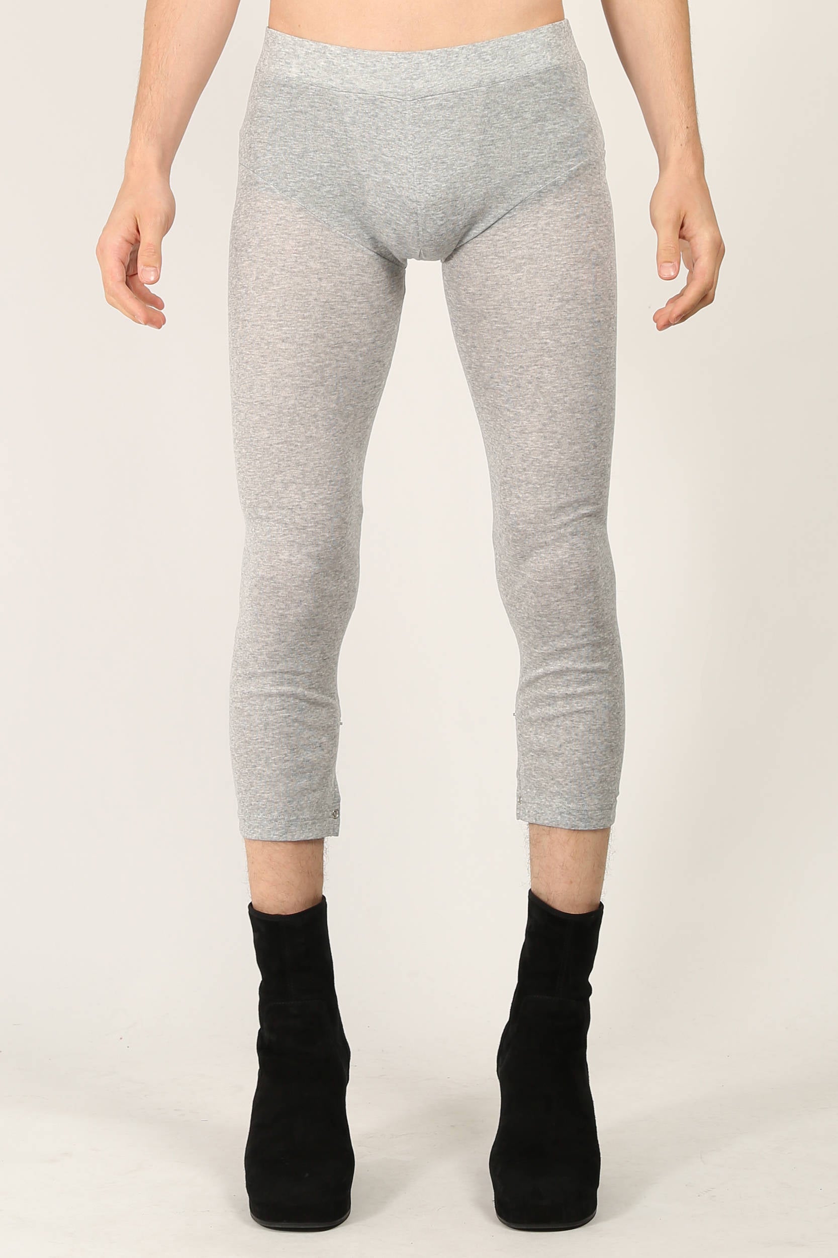Random Identities Rib Leggings in Light Grey, super soft fine ribbed jersey leggings with cuff split and press button fastening, front view