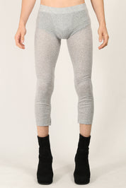 Random Identities Rib Leggings in Light Grey, super soft fine ribbed jersey leggings with cuff split and press button fastening, front view