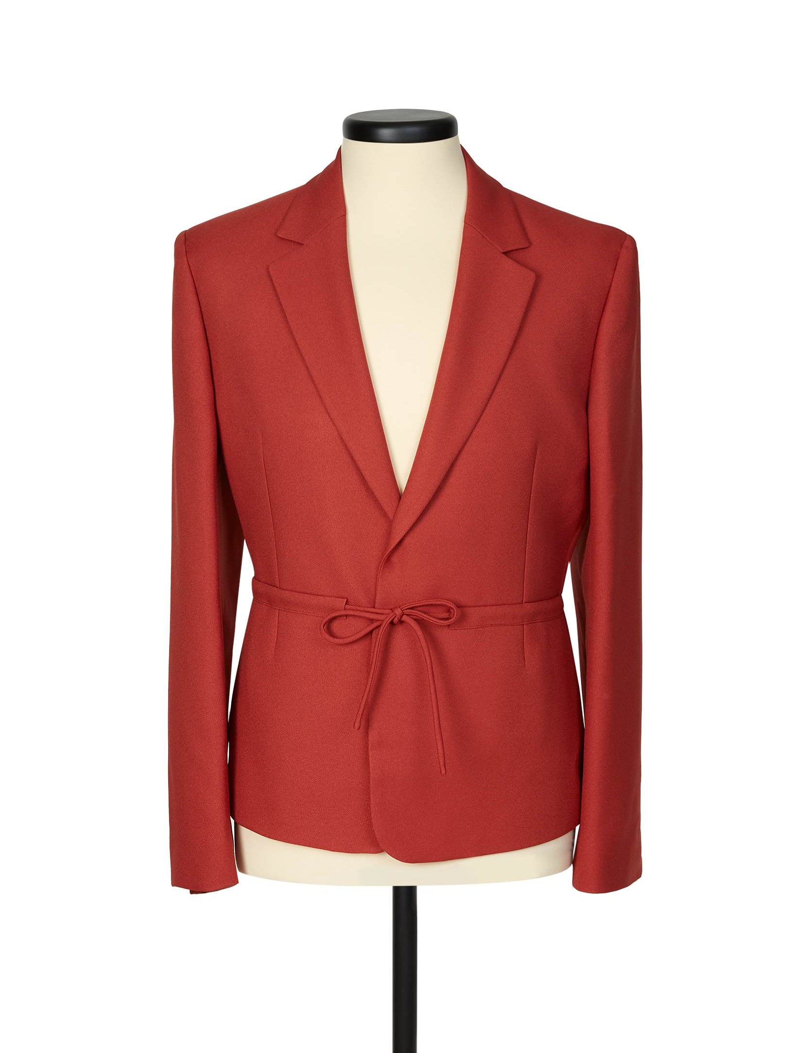 Random Identities Coulisse Micro Blazer in Rust. gabardine micro blazer with notch lapel and self‑fabric coulisse tie