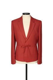 Random Identities Coulisse Micro Blazer in Rust. gabardine micro blazer with notch lapel and self‑fabric coulisse tie