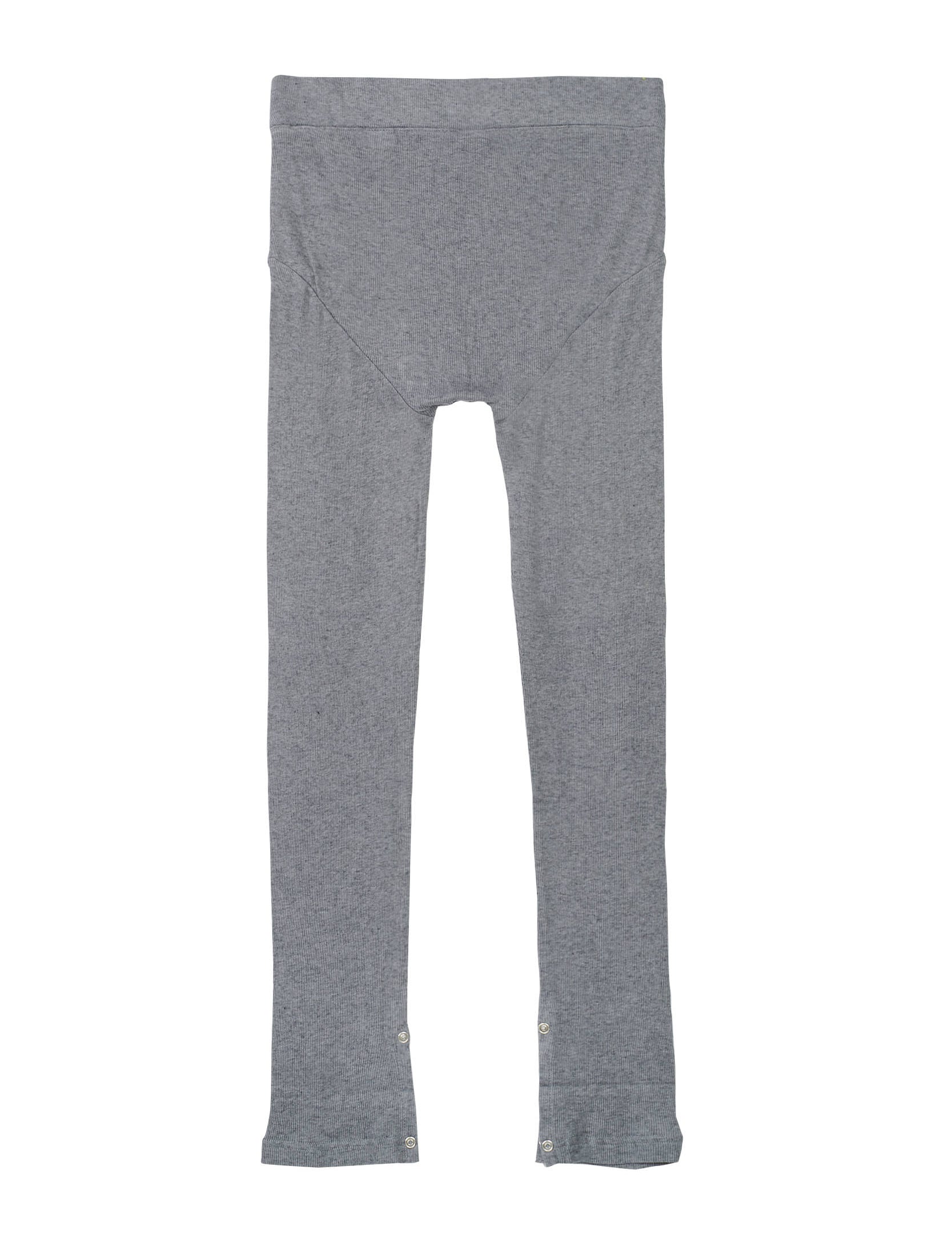 Side and back view of Grey Rib Leggings by Random Identities showing slim silhouette and split cuff detail