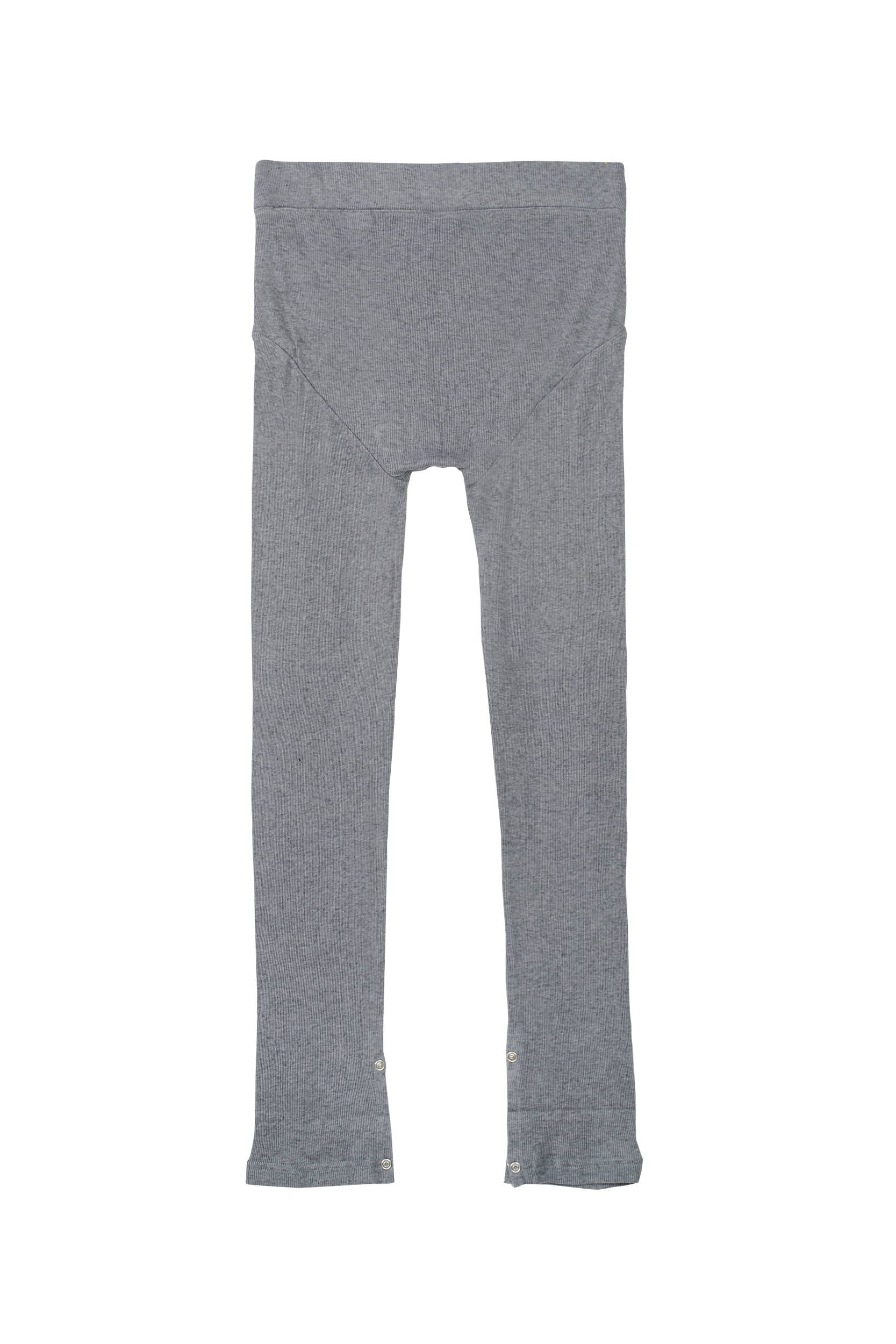 Side and back view of Grey Rib Leggings by Random Identities showing slim silhouette and split cuff detail