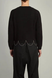 Back view of Black Crew Neck With Chain sweater by Random Identities showing boy’s fit and clean knit silhouette