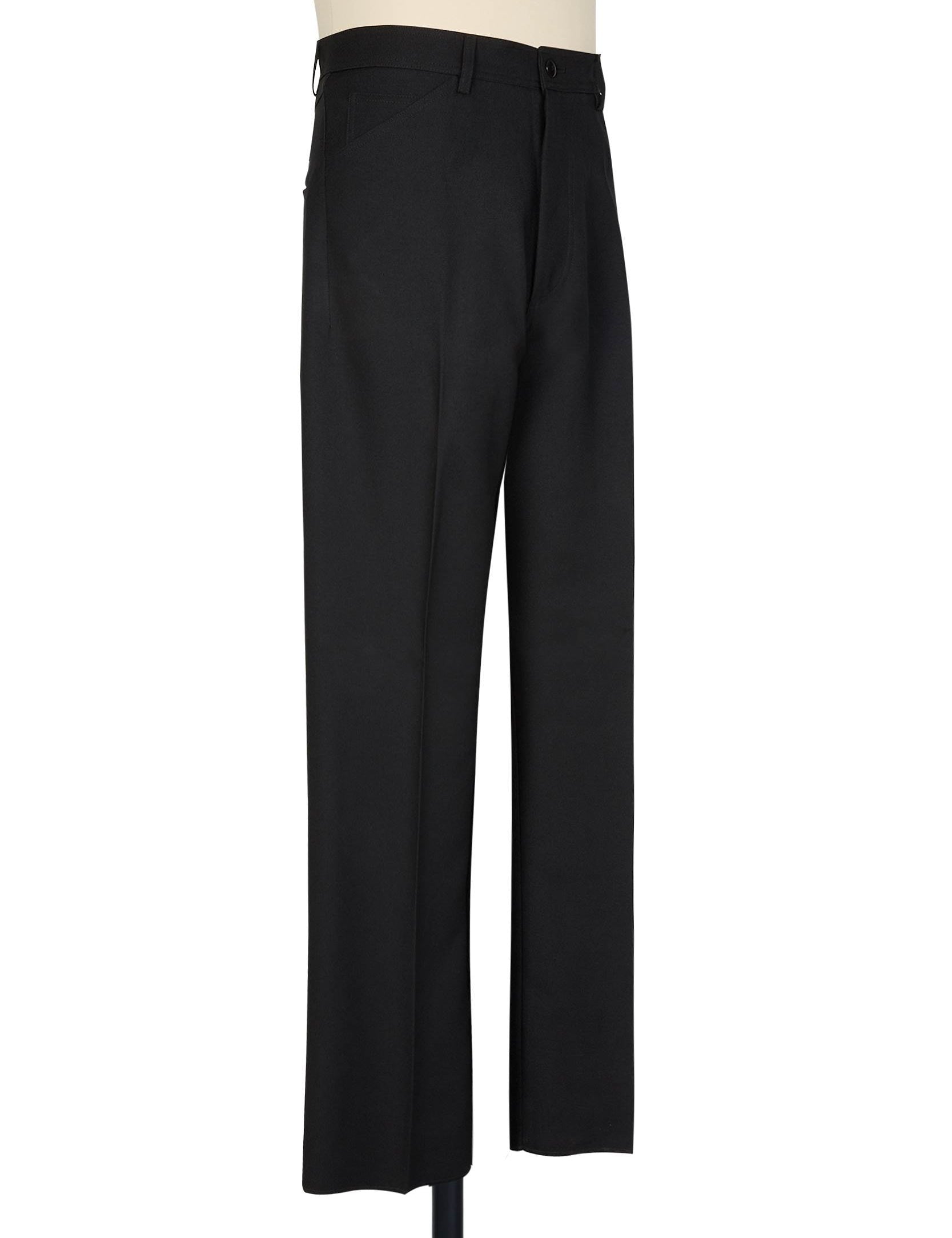 Red high rise five pocket trousers with single jet back pockets and yoke insert in polyester gaberdine