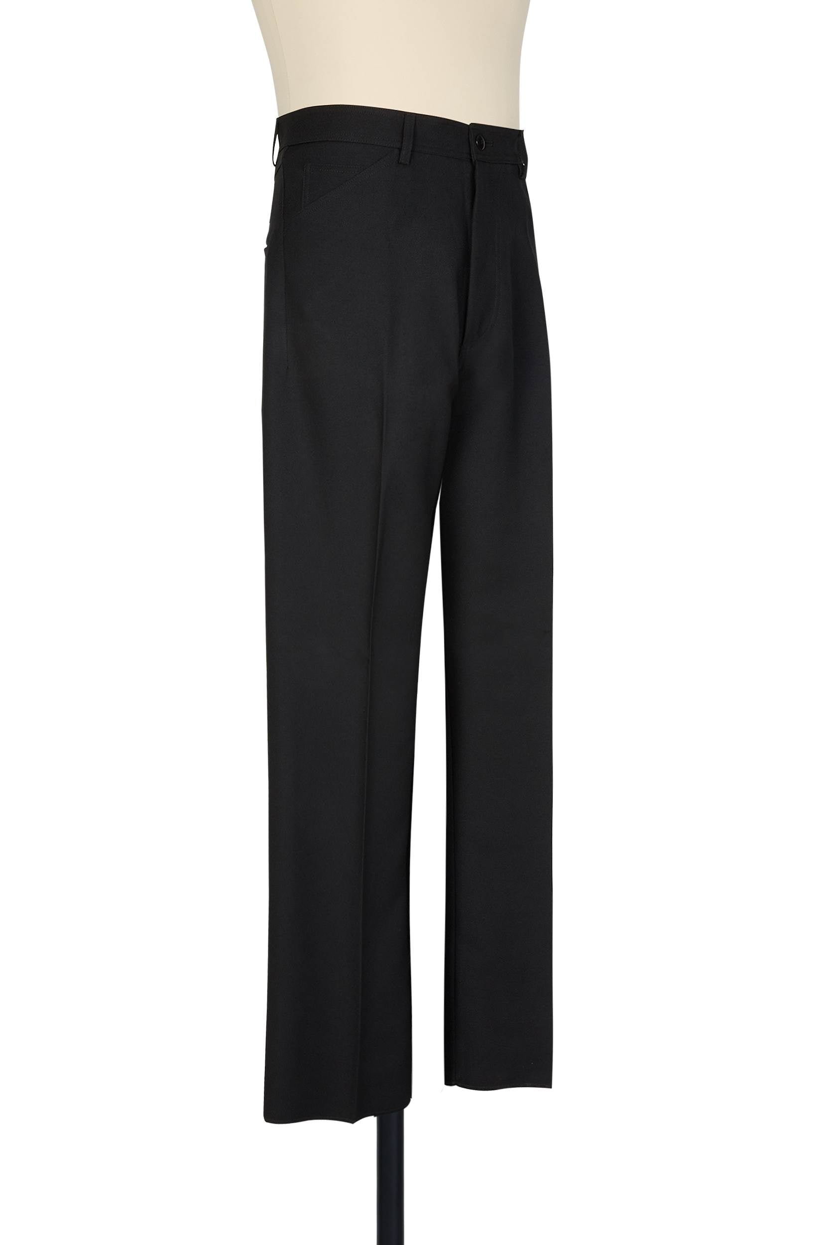 Red high rise five pocket trousers with single jet back pockets and yoke insert in polyester gaberdine