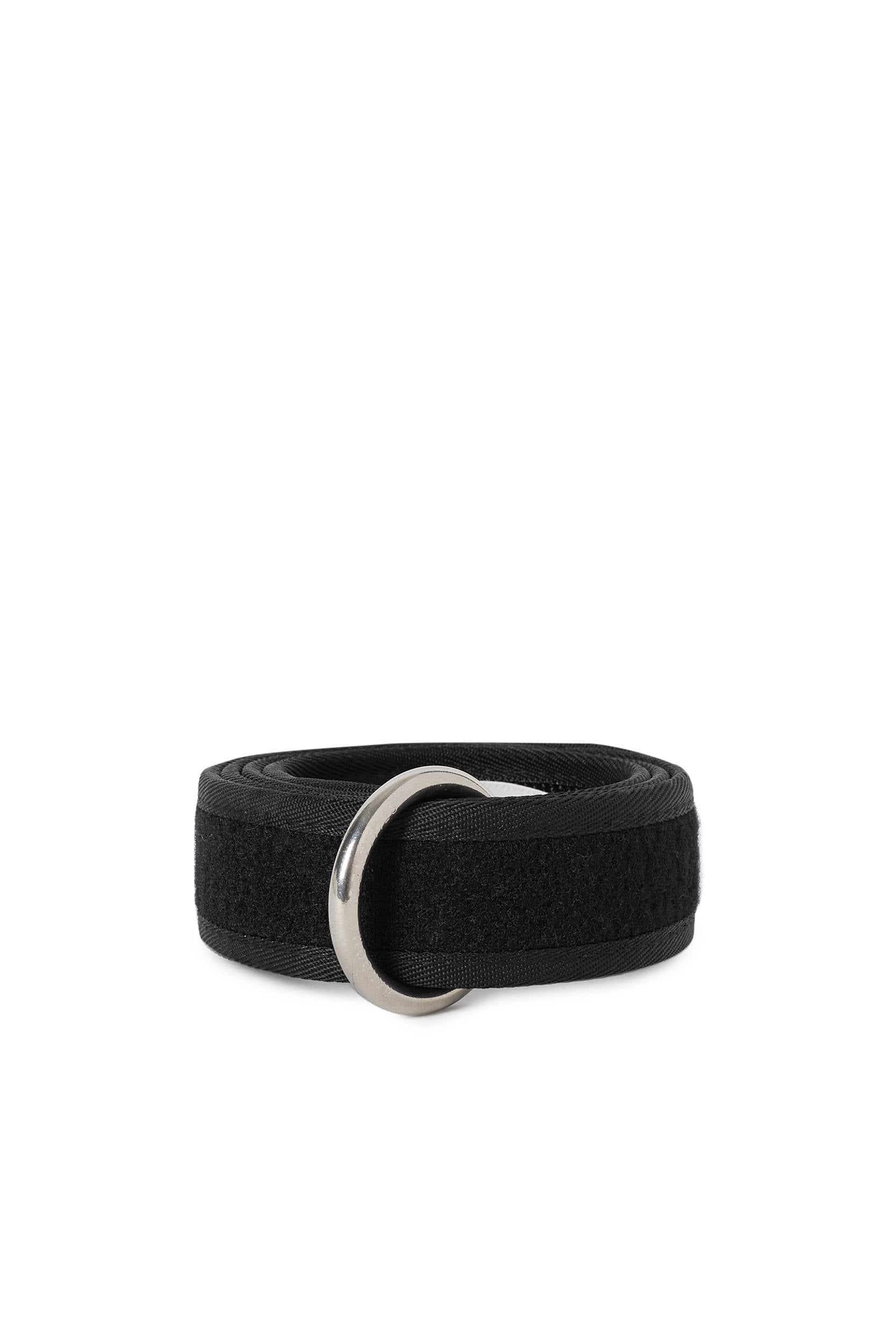 Random Identities Velcro Ring Belt in Black with velcro fastening and engraved metal logo ring