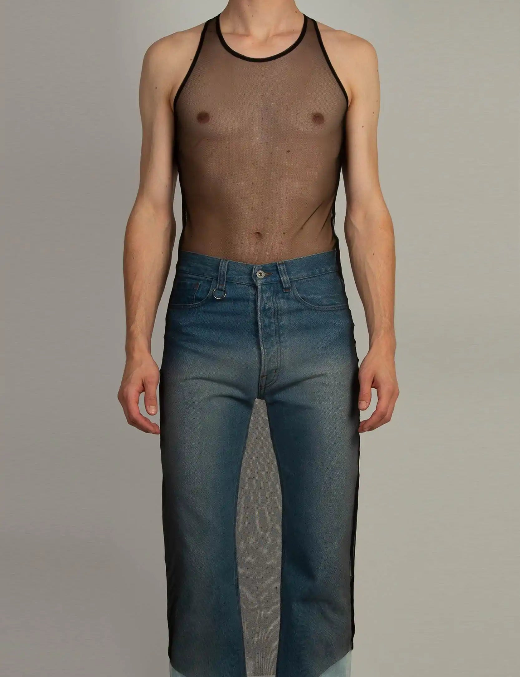 Random Identities Long Tank Top in Black with mesh racer back and raw edge hem