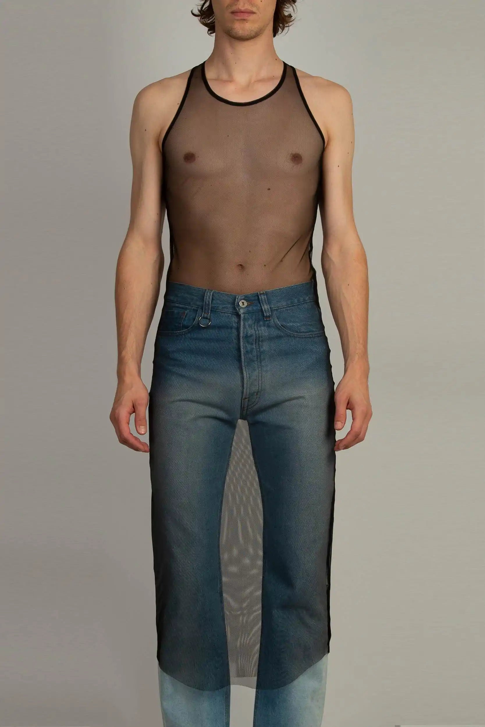 Random Identities Long Tank Top in Black with mesh racer back and raw edge hem