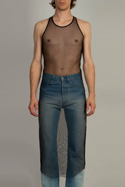 Random Identities Long Tank Top in Black with mesh racer back and raw edge hem