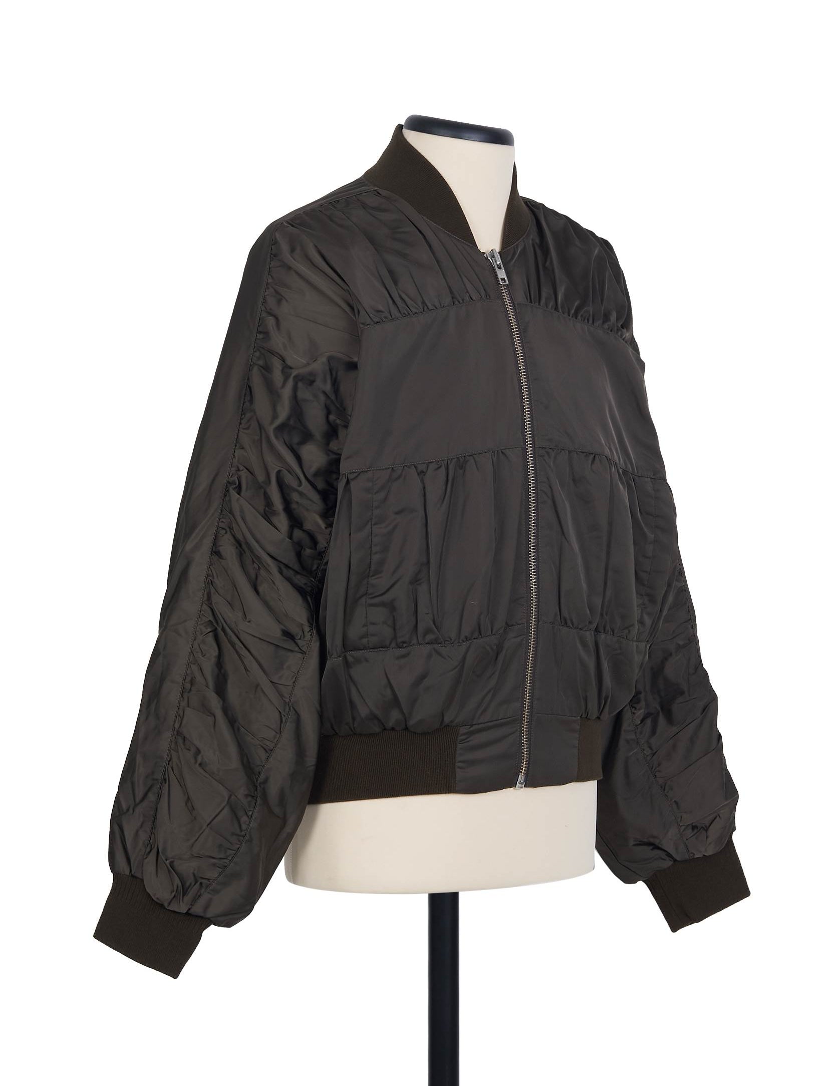 Bronze zip thru bomber with dolman sleeve and ruched detailing
