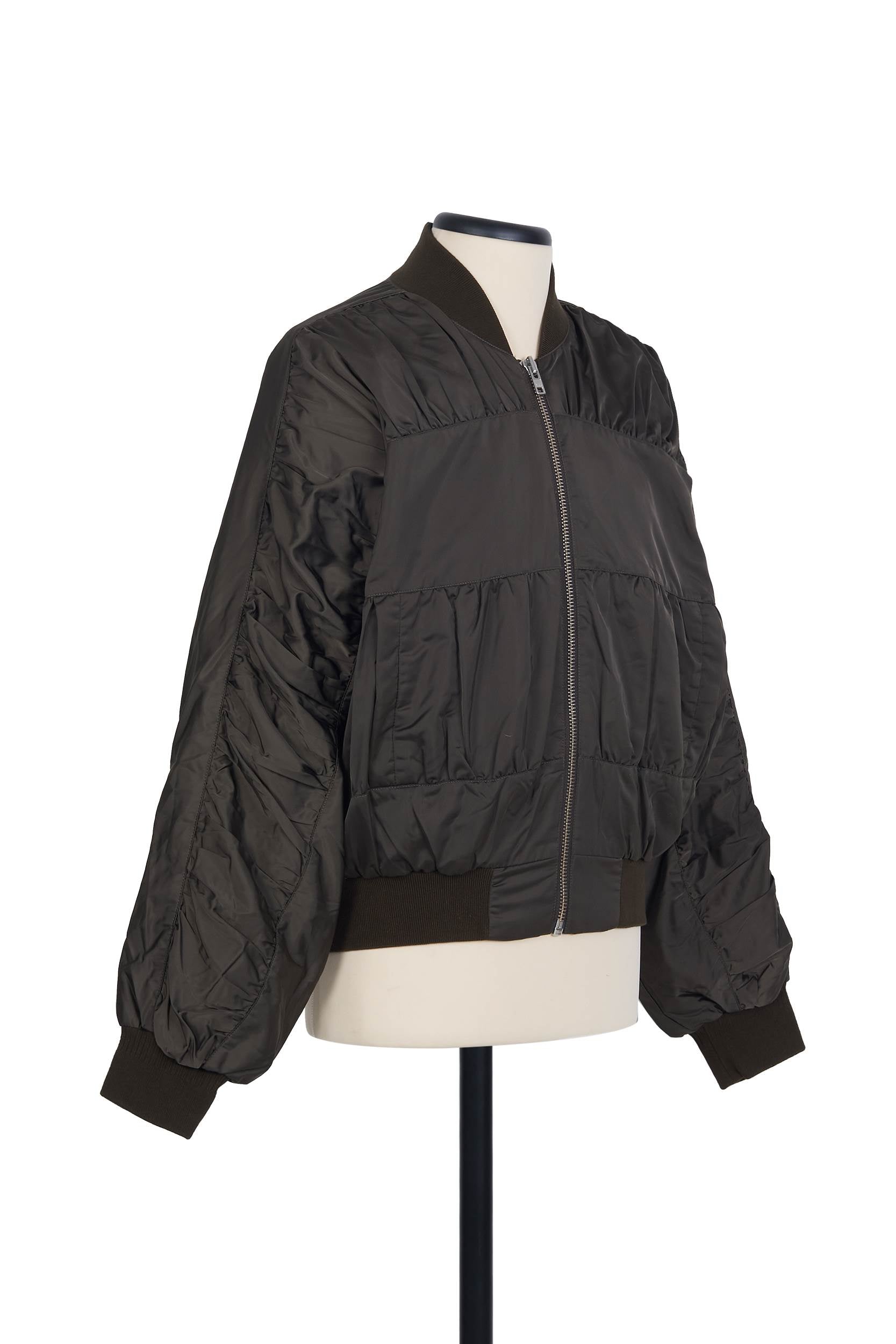 Bronze zip thru bomber with dolman sleeve and ruched detailing