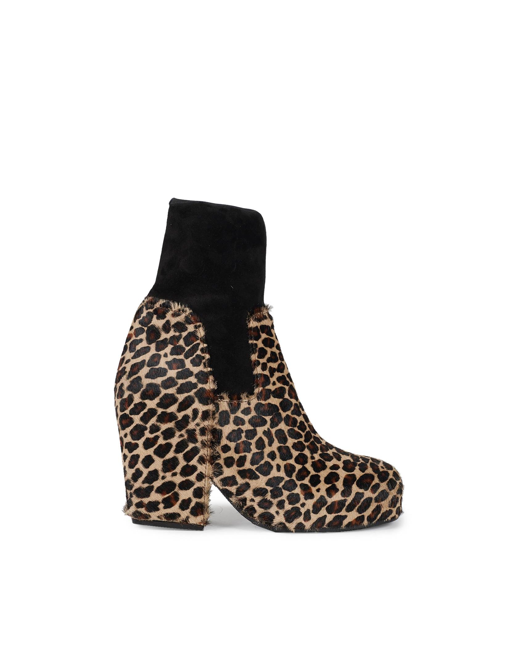Random Identities Platform Boots in Black Leopard. calf suede with stretch‑suede ankle cuff and elasticated grosgrain binding