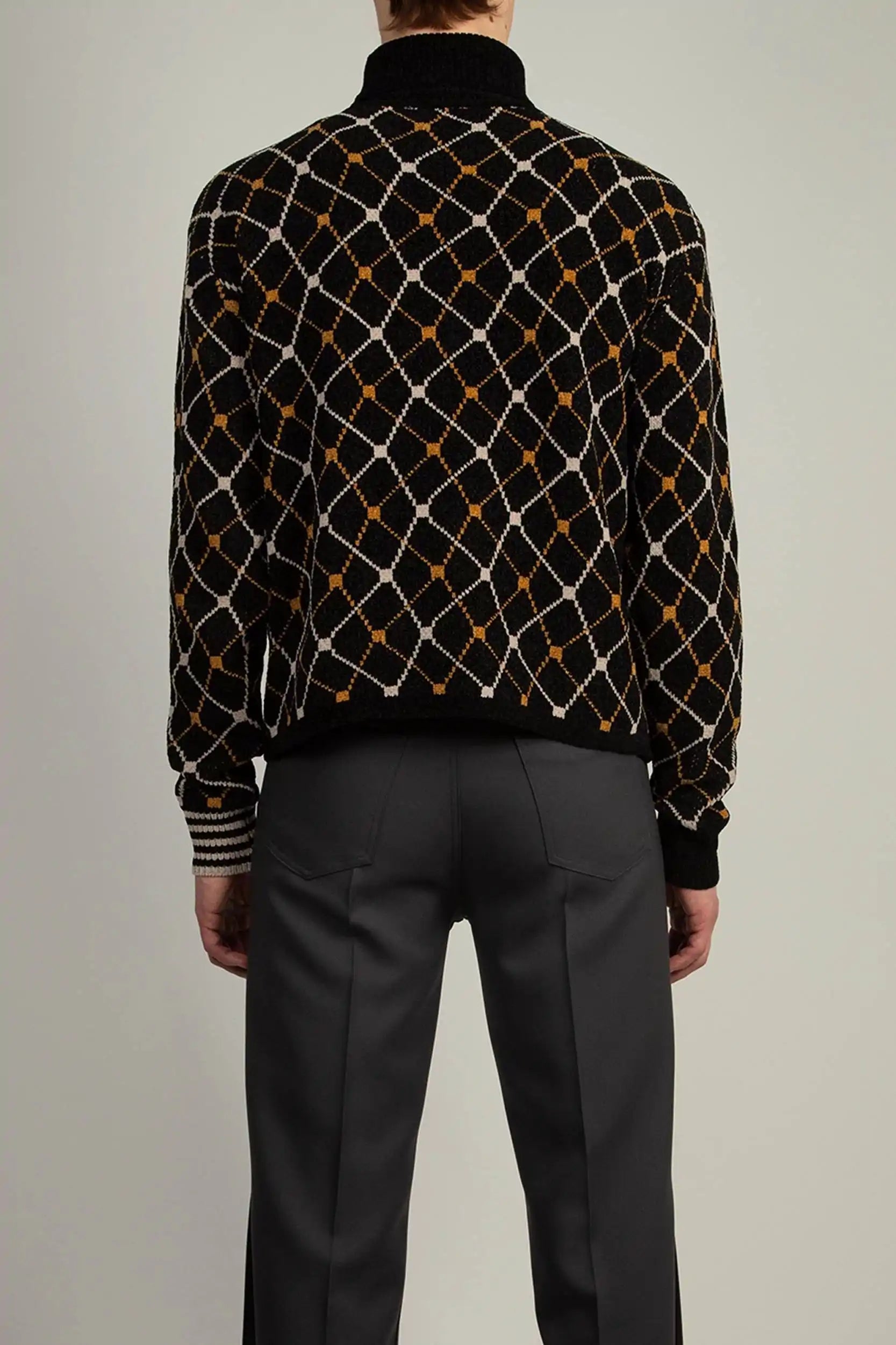 back view of Black Jaquard Roll Neck sweater by Random Identities highlighting regular fit and clean knit silhouette