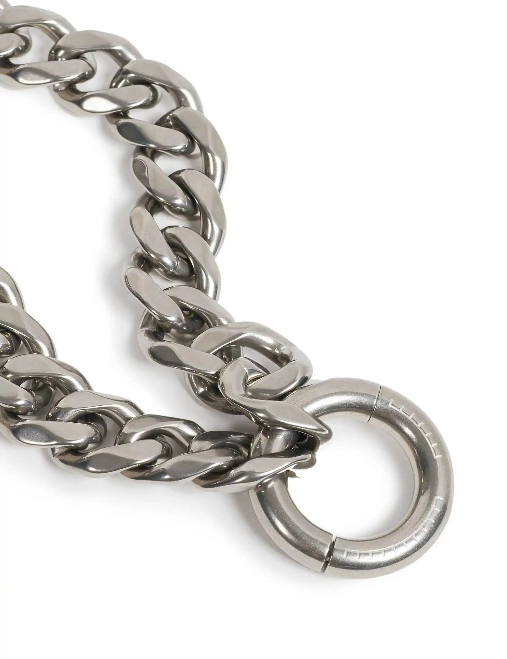 Steel surgical steel flat link chain featuring engraved RIs Cases cock ring closure