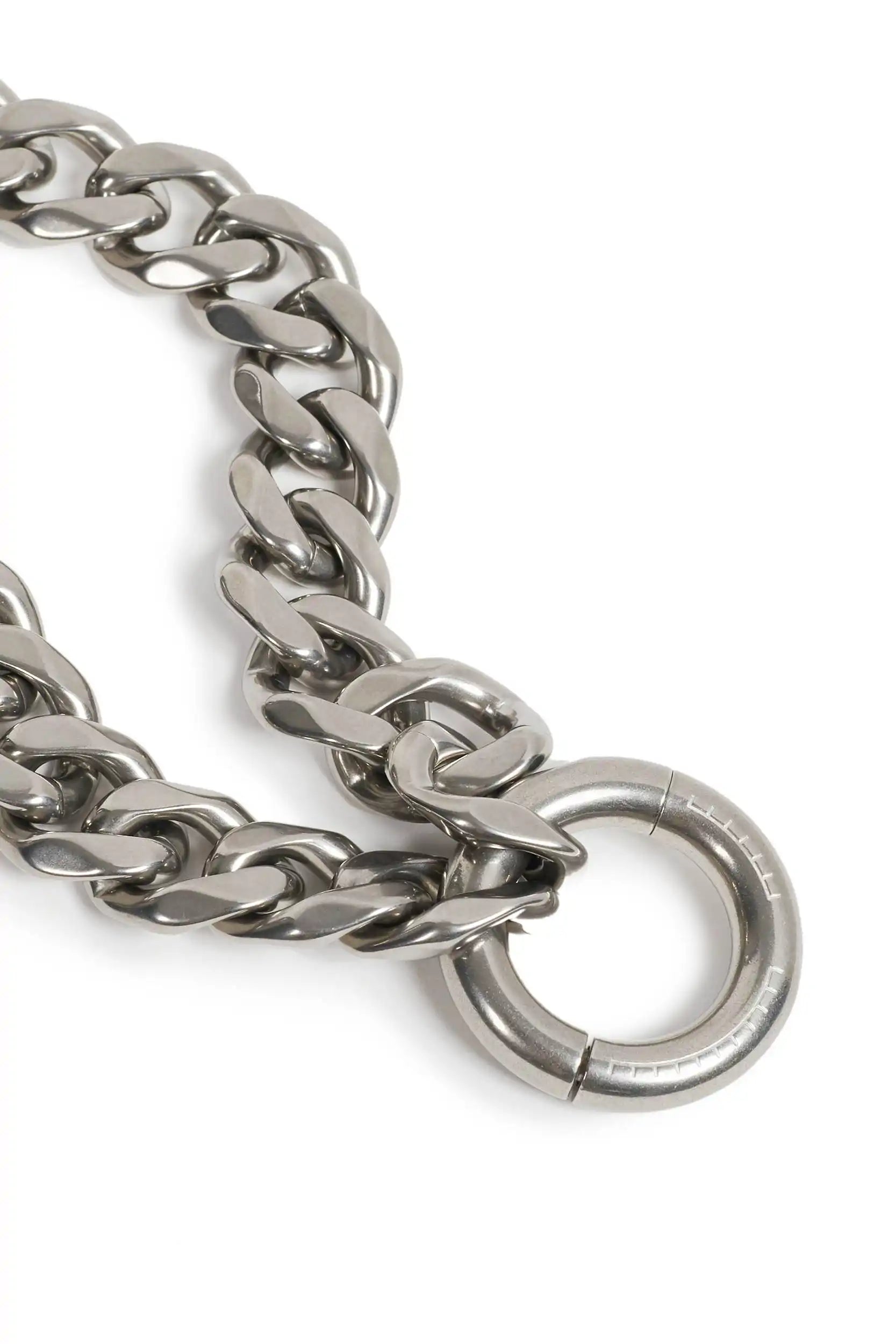 Steel surgical steel flat link chain featuring engraved RIs Cases cock ring closure