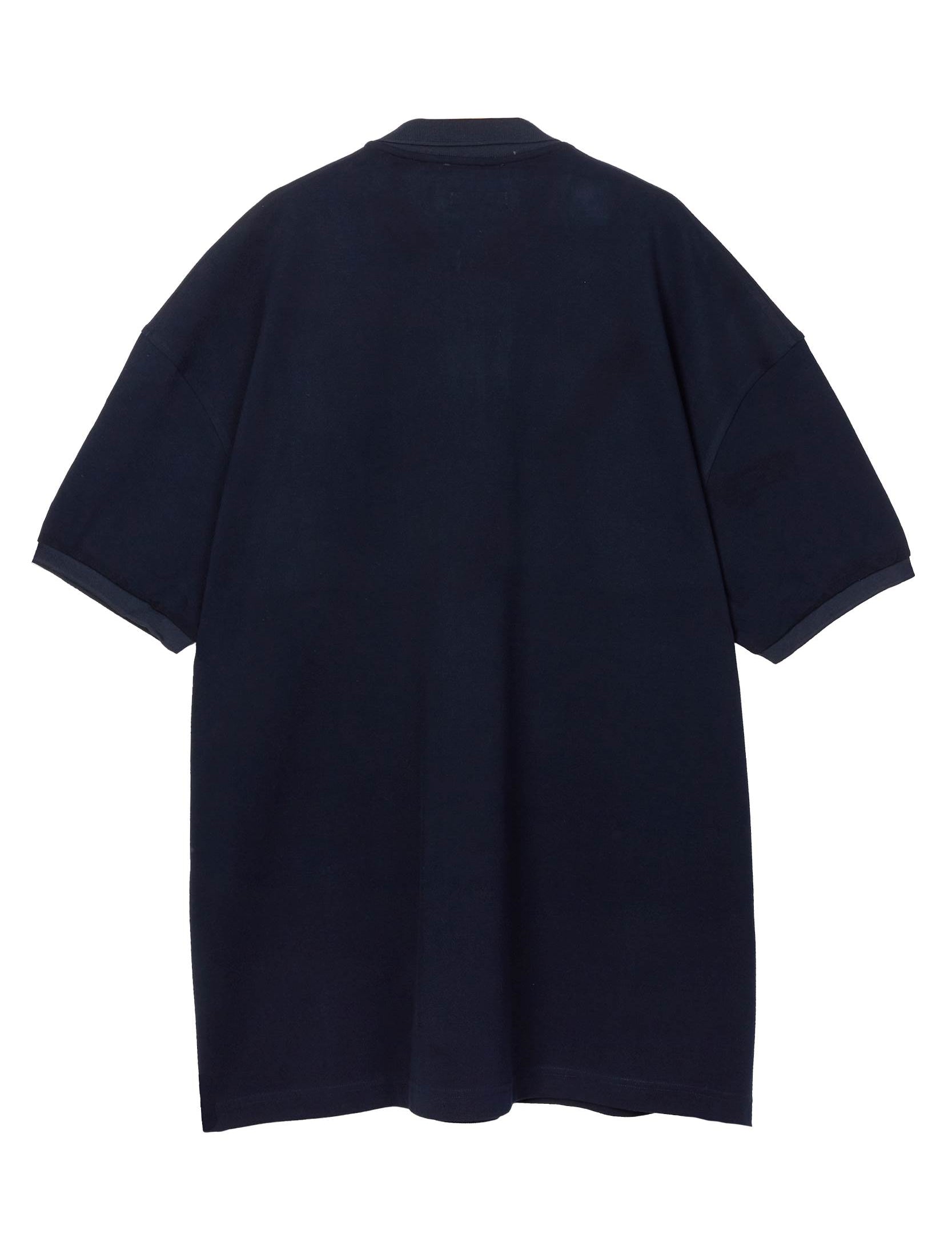 Navy piqué maxi polo by Random Identities. covered zip placket, flat-knit collar
