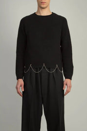 Random Identities Crew Neck With Chain in Black, stretch Shetland wool boy’s fit sweater with saddle sleeves and chain at hem, front view