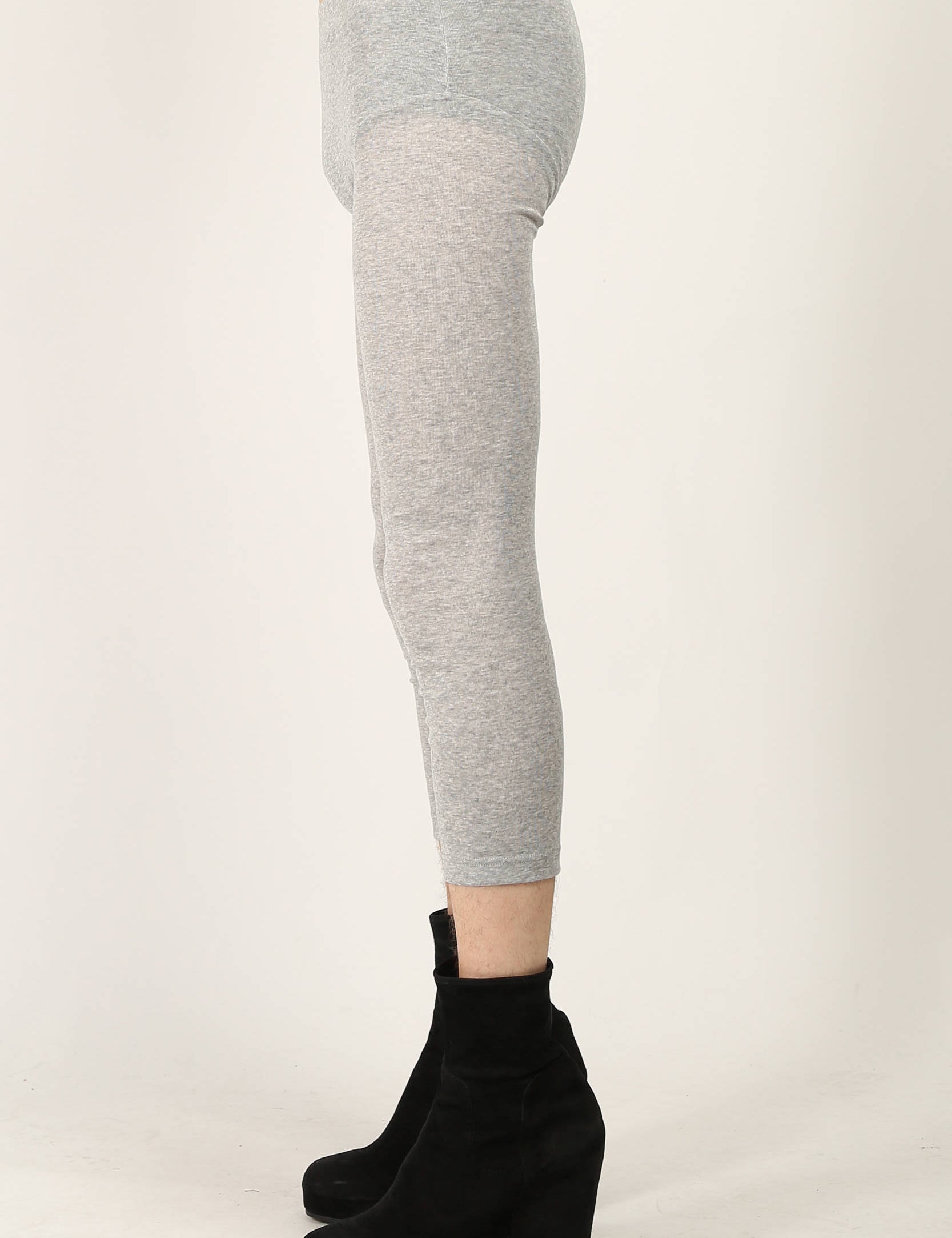 Light Grey ribbed jersey leggings by Random Idities featuring cuff split and press buttons at cuff, styled with minimalist top