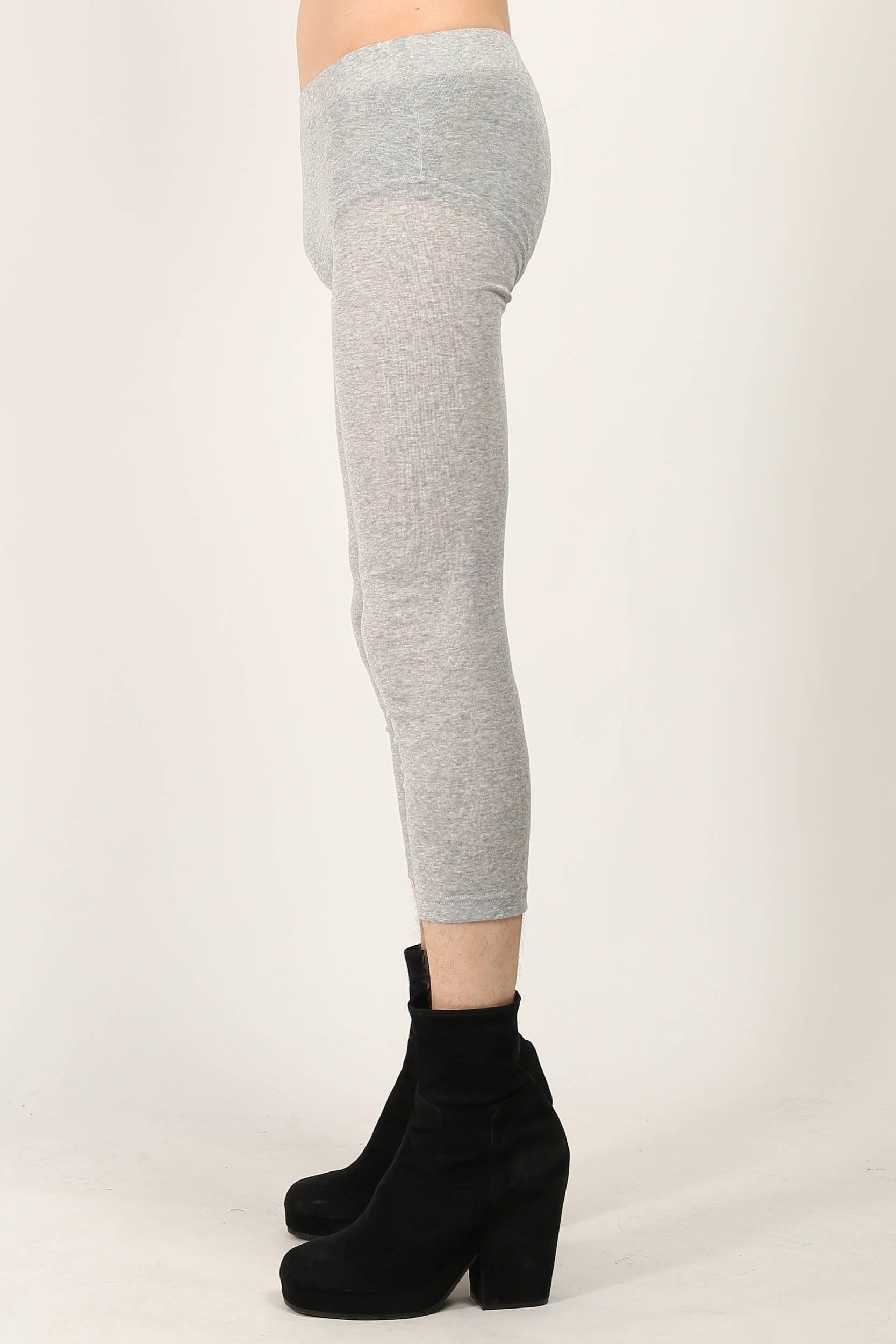Light Grey ribbed jersey leggings by Random Idities featuring cuff split and press buttons at cuff, styled with minimalist top