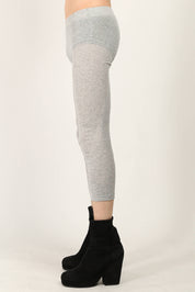 Light Grey ribbed jersey leggings by Random Idities featuring cuff split and press buttons at cuff, styled with minimalist top