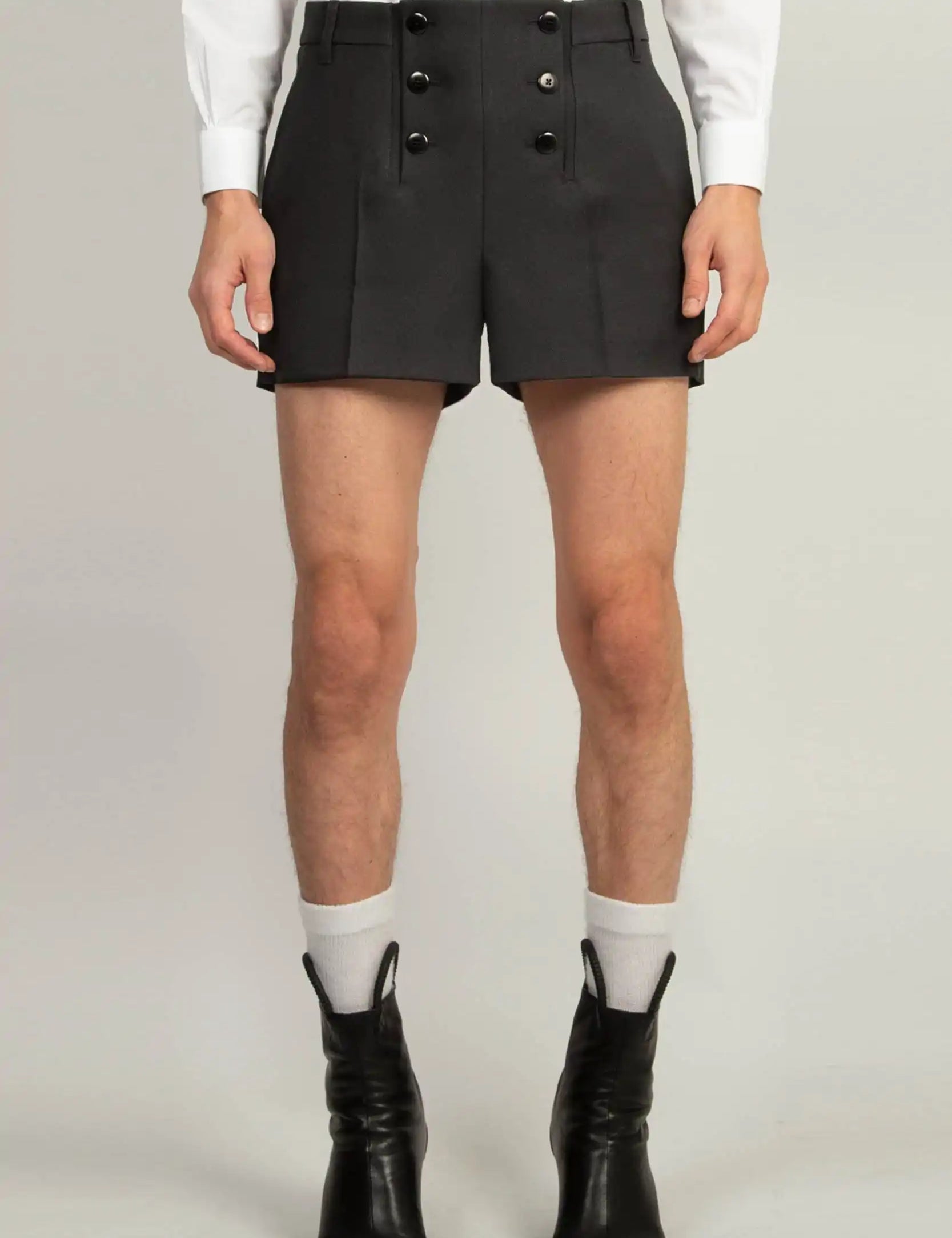 Random Identities Tailored Shorts in Black with six double-button front closure, front view