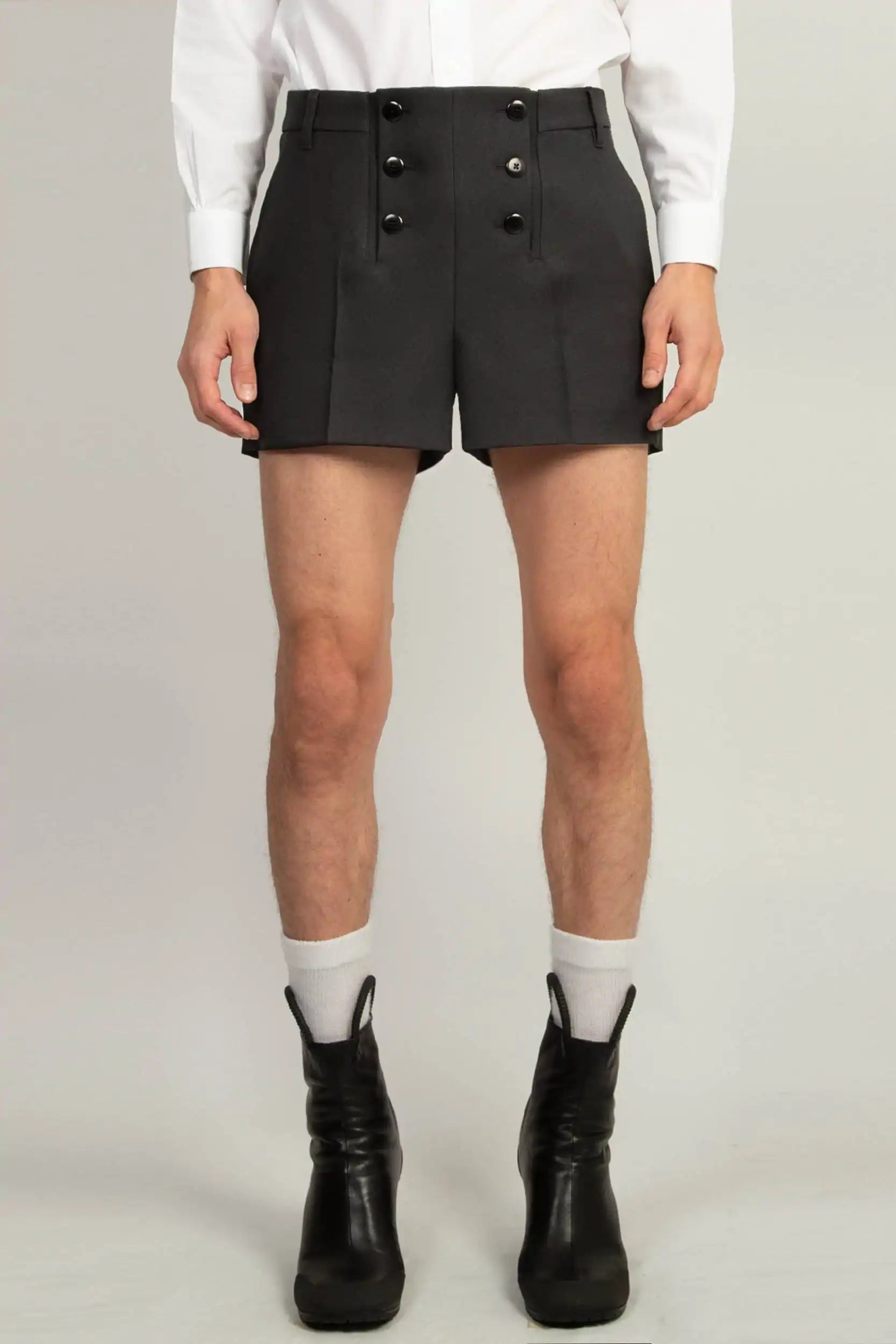 Random Identities Tailored Shorts in Black with six double-button front closure, front view