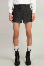 Random Identities Tailored Shorts in Black with six double-button front closure, front view