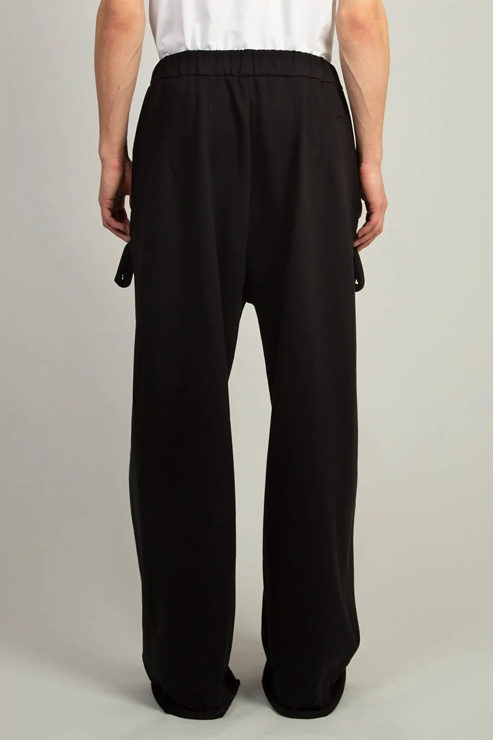 Side and back view of Black Wide Sweatpant with no side seam, wide leg silhouette by Random Identities