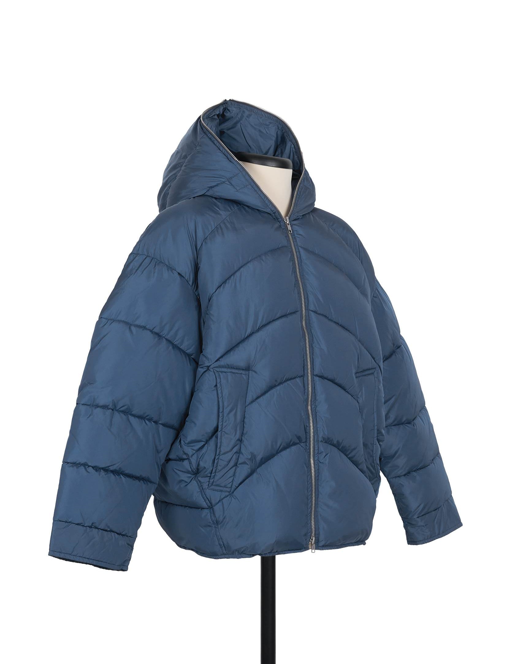AVIO hooded nylon duvet jacket with relaxed drop shoulders and oblique quilting by Random Identities